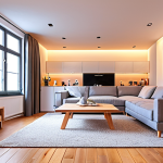 A bright and cozy living room with energy-efficient LED lighting, enhancing the modern interior and creating a relaxing atmosphere.