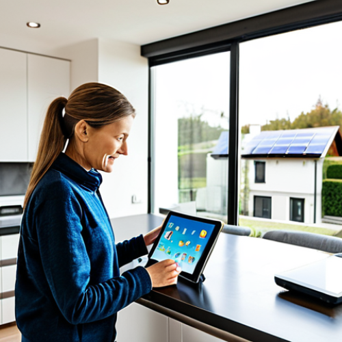 Home 21 Smart Home Energy Management**
"A modern, bright kitchen showcasing smart home technology: a woman is using a tablet to control smart plugs and lights. Solar panels are visible on the roof through the window. The scene emphasizes energy efficiency and family-friendly living. Fully clothed, appropriate attire, safe for work, perfect anatomy, correct proportions, professional photography, high quality, modest."
**