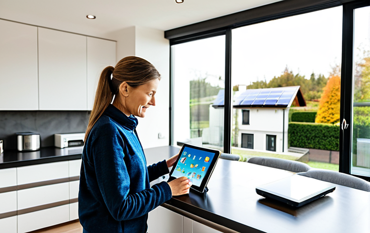 Smart Home Energy Management**
"A modern, bright kitchen showcasing smart home technology: a woman is using a tablet to control smart plugs and lights. Solar panels are visible on the roof through the window. The scene emphasizes energy efficiency and family-friendly living. Fully clothed, appropriate attire, safe for work, perfect anatomy, correct proportions, professional photography, high quality, modest."
**