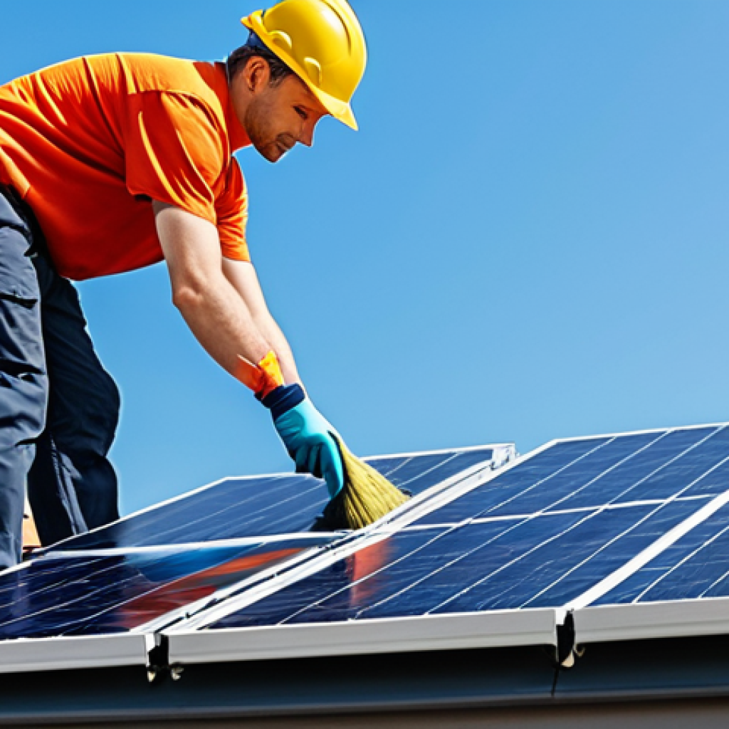 **

"A modern house rooftop with newly installed solar panels, fully clothed maintenance worker carefully cleaning the panels with a soft brush, blue sky background, professional installation, safe for work, appropriate content, perfect anatomy, correct proportions, natural pose, well-formed hands, proper finger count, family-friendly, modest clothing, high quality, clear details."

**