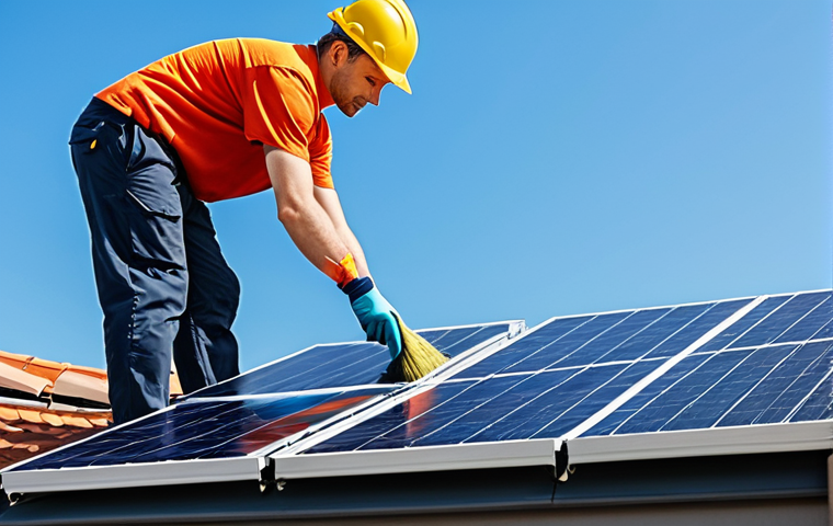 **
"A modern house rooftop with newly installed solar panels, fully clothed maintenance worker carefully cleaning the panels with a soft brush, blue sky background, professional installation, safe for work, appropriate content, perfect anatomy, correct proportions, natural pose, well-formed hands, proper finger count, family-friendly, modest clothing, high quality, clear details."
**