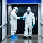 건물 정기 소독 서비스 - **Prompt 1: Professional Building Disinfection Team in Action**
    A team of two professional sanit...