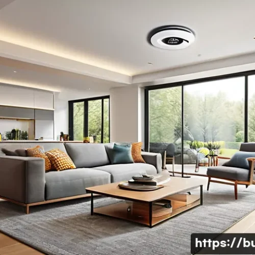 화재 경보기 설치 및 관리 - A modern living room interior showing a ceiling-mounted smoke detector installed centrally with a mi...