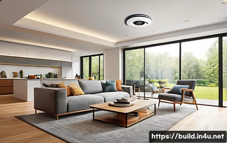 화재 경보기 설치 및 관리 - A modern living room interior showing a ceiling-mounted smoke detector installed centrally with a mi...