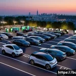 공용 전기차 충전비 정산 - A modern urban public parking lot featuring a variety of electric vehicle charging stations, includi...