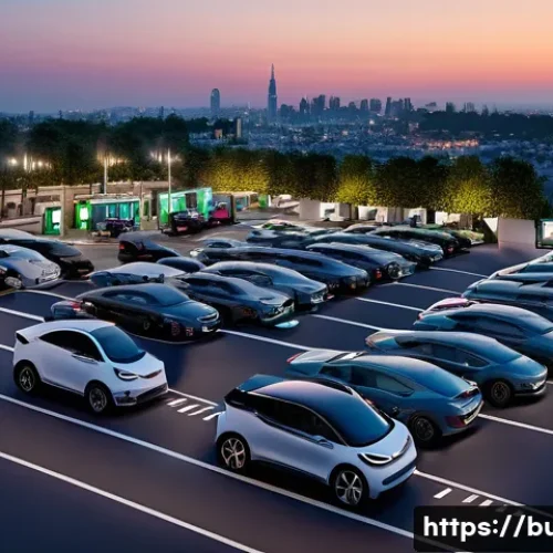 공용 전기차 충전비 정산 - A modern urban public parking lot featuring a variety of electric vehicle charging stations, includi...