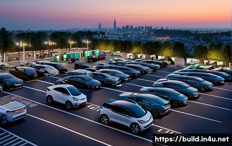 공용 전기차 충전비 정산 - A modern urban public parking lot featuring a variety of electric vehicle charging stations, includi...