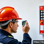 소방 시설 점검 절차 - A detailed scene of a professional fire safety inspector wearing a safety helmet and uniform, using ...