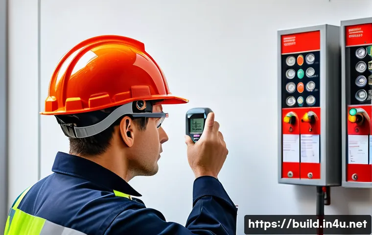 소방 시설 점검 절차 - A detailed scene of a professional fire safety inspector wearing a safety helmet and uniform, using ...