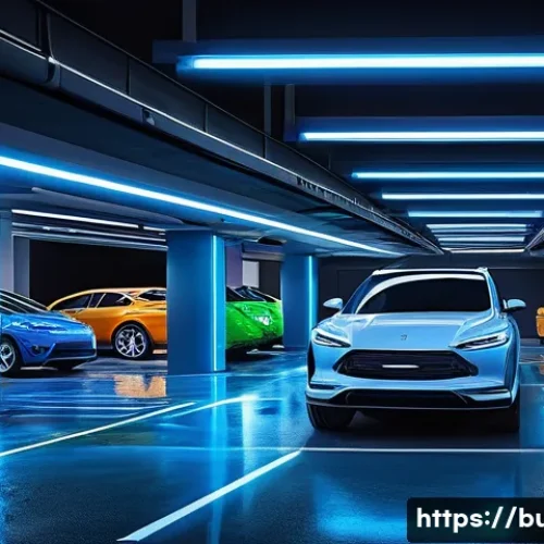 주차장 관리 시스템 - A futuristic automated parking garage interior featuring robotic parking systems with sleek metallic...