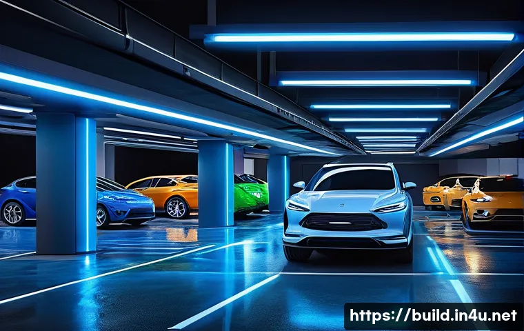 주차장 관리 시스템 - A futuristic automated parking garage interior featuring robotic parking systems with sleek metallic...