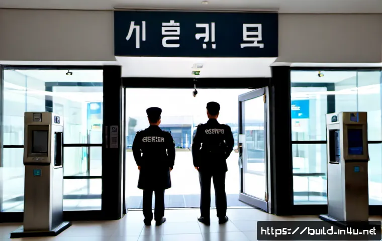 건물 보안 강화 방법 - Photorealistic modern commercial building entrance with layered security, uniformed security officer...