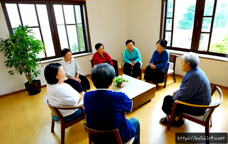 입주민 커뮤니티 활성화 - Photorealistic apartment community lounge, diverse adult residents and seniors seated in a relaxed c...